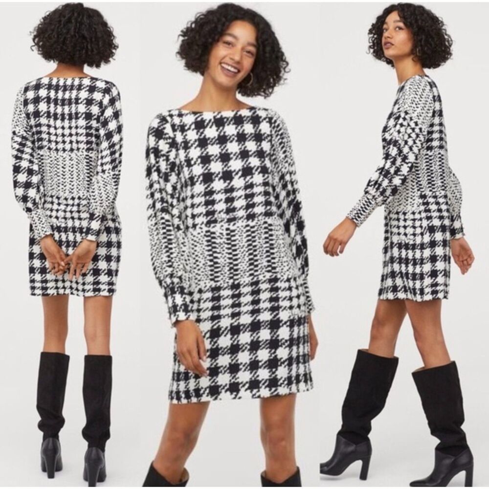RICHARD ALLEN X H&M Black and White Mixed Houndstooth Shift Mini Dress, Sz 6